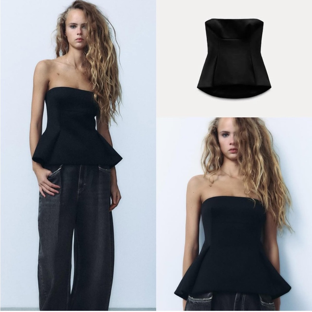 Zara Black Wool Blend Strapless Peplum Top straight neck Pleat detail size L NWT